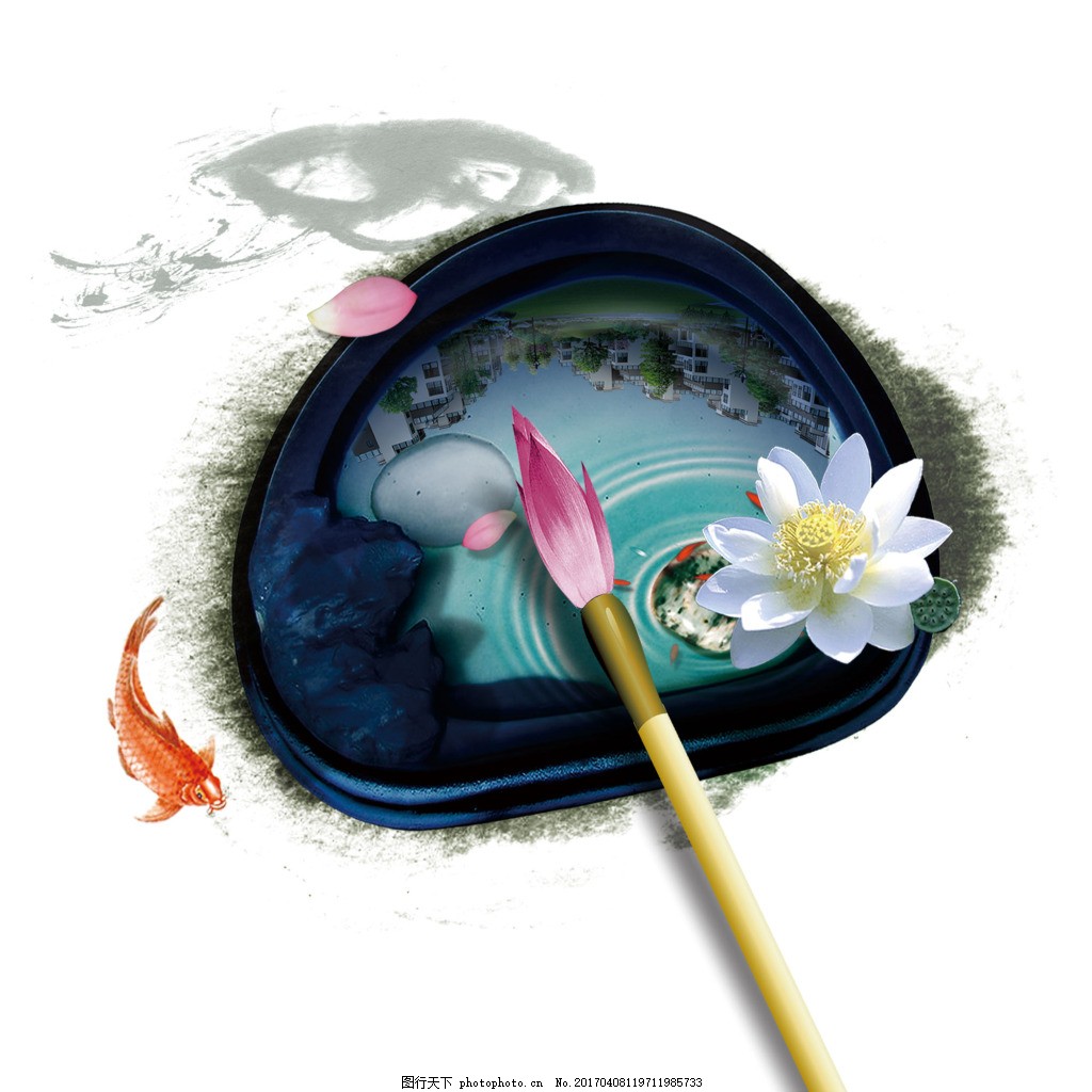 荷花与鱼水里城市意境插画,笔墨 中国风-图行天