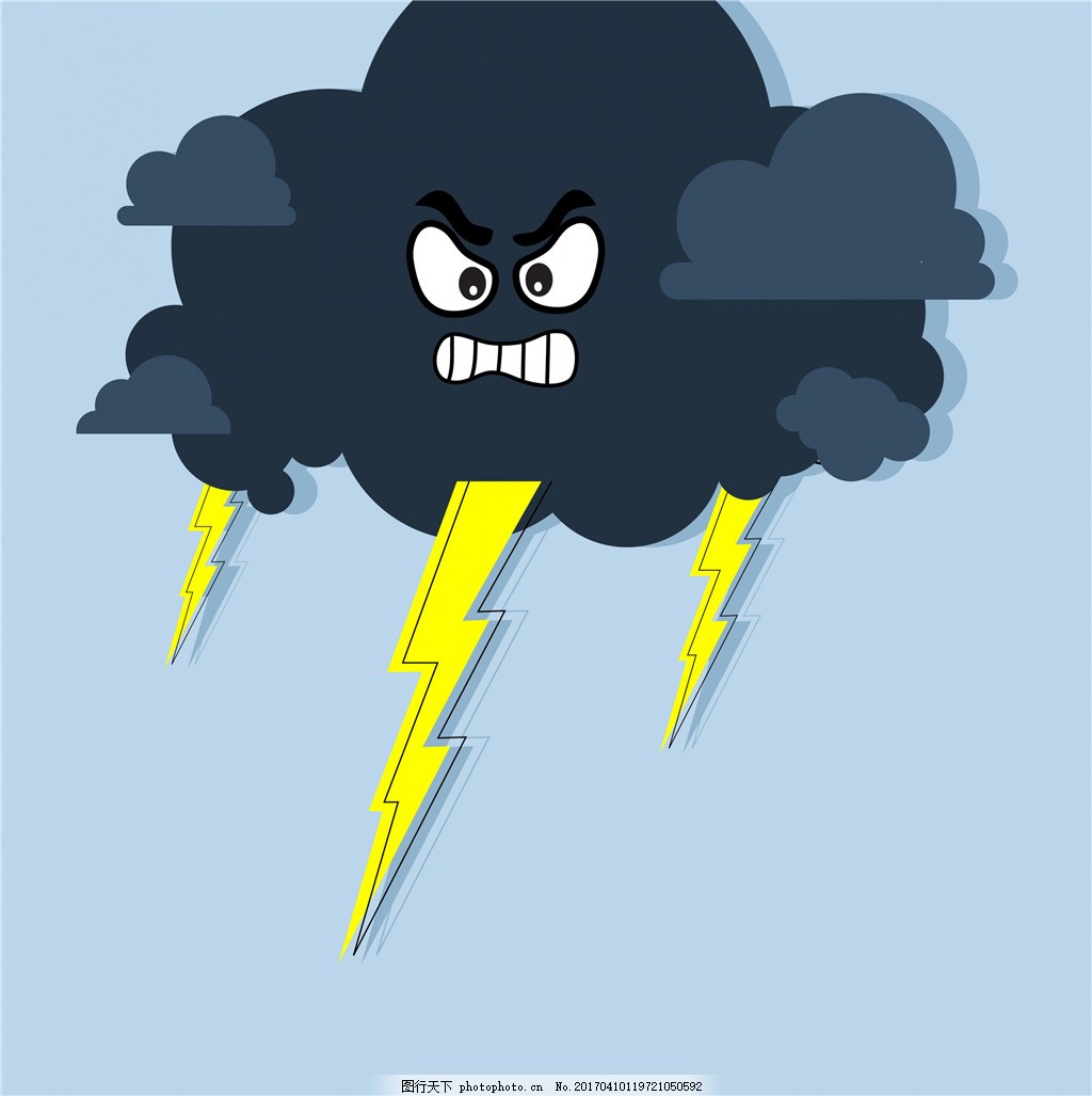 可爱卡通雨云素材,云朵 矢量素材 闪电 打雷-图
