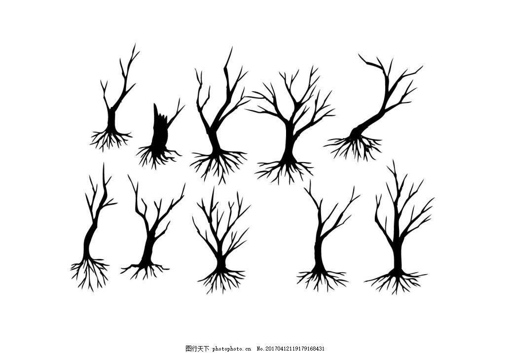 手绘树木树根 手绘树干 矢量树干 矢量素材 手绘植物