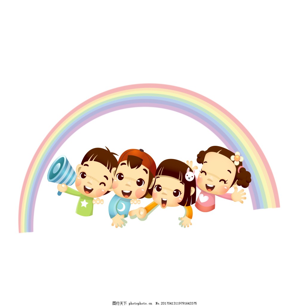 彩虹下的孩子,男孩 女孩 卡通-图行天下图库