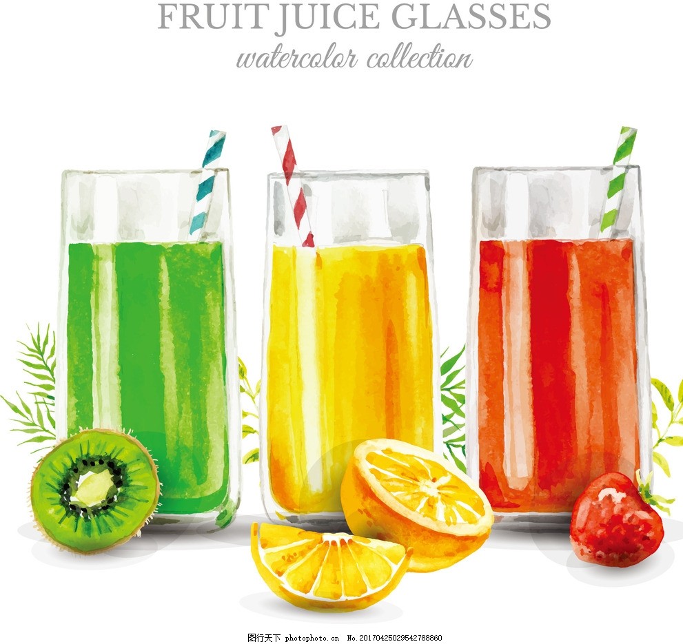 矢量水彩果汁创意素材,水果 创意水彩果汁 玻璃