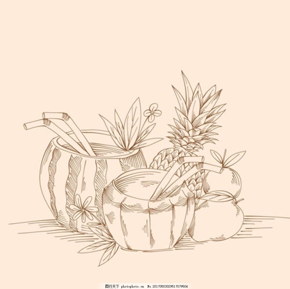 手绘菠萝苹果椰子汁,水果图片 水果海报 水果店