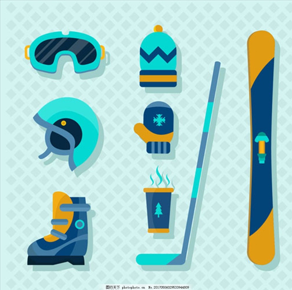卡通滑雪运动用品元素,滑雪海报 单板滑雪 滑雪