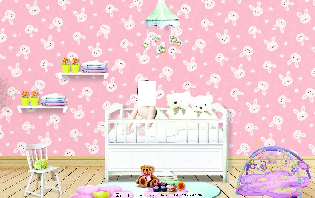 育婴室,婴儿床 粉色背景 室内效果 地板素材-图