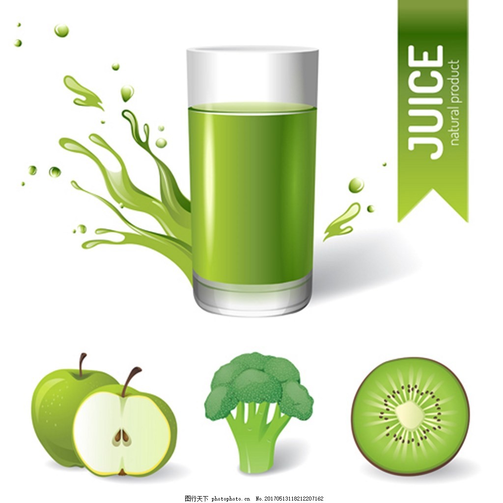 健康绿色饮料背景素材,苹果花菜猕猴桃绿色果汁-图行天下图库