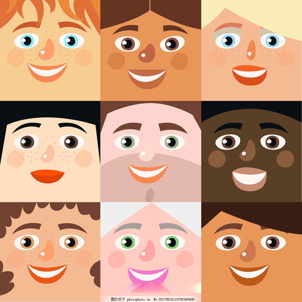 手绘不同人种笑脸插图矢量素材图片