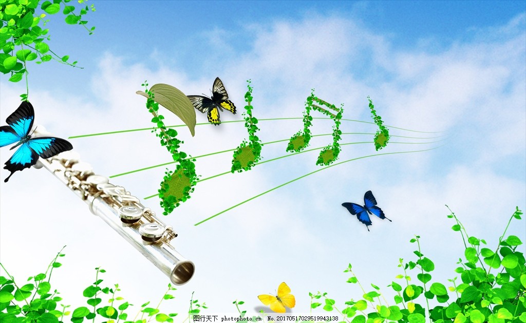 绿色音符,环保 音乐 蝴蝶 演奏 笛子 音标 线谱-