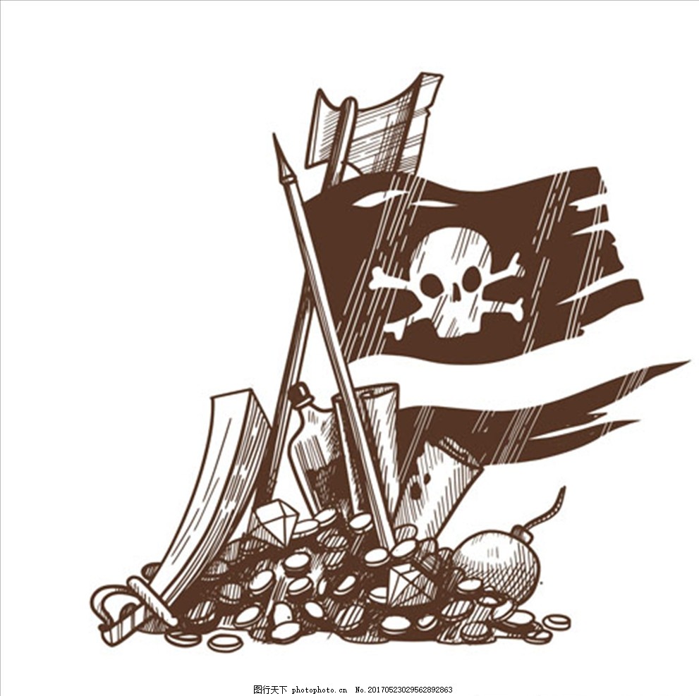 手画海盗旗和宝藏背景,海盗船长 鹦鹉 骷髅 独眼