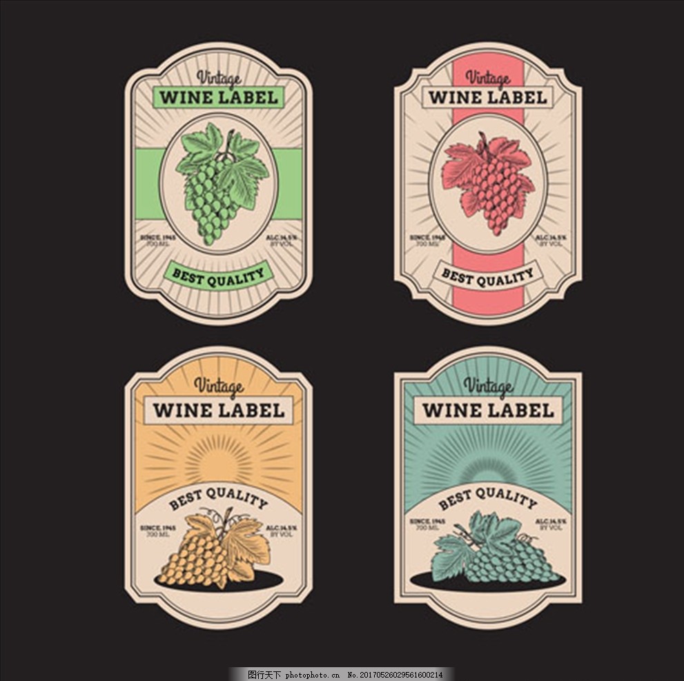 复古风格的四种葡萄酒贴纸,红酒 红酒海报 法国