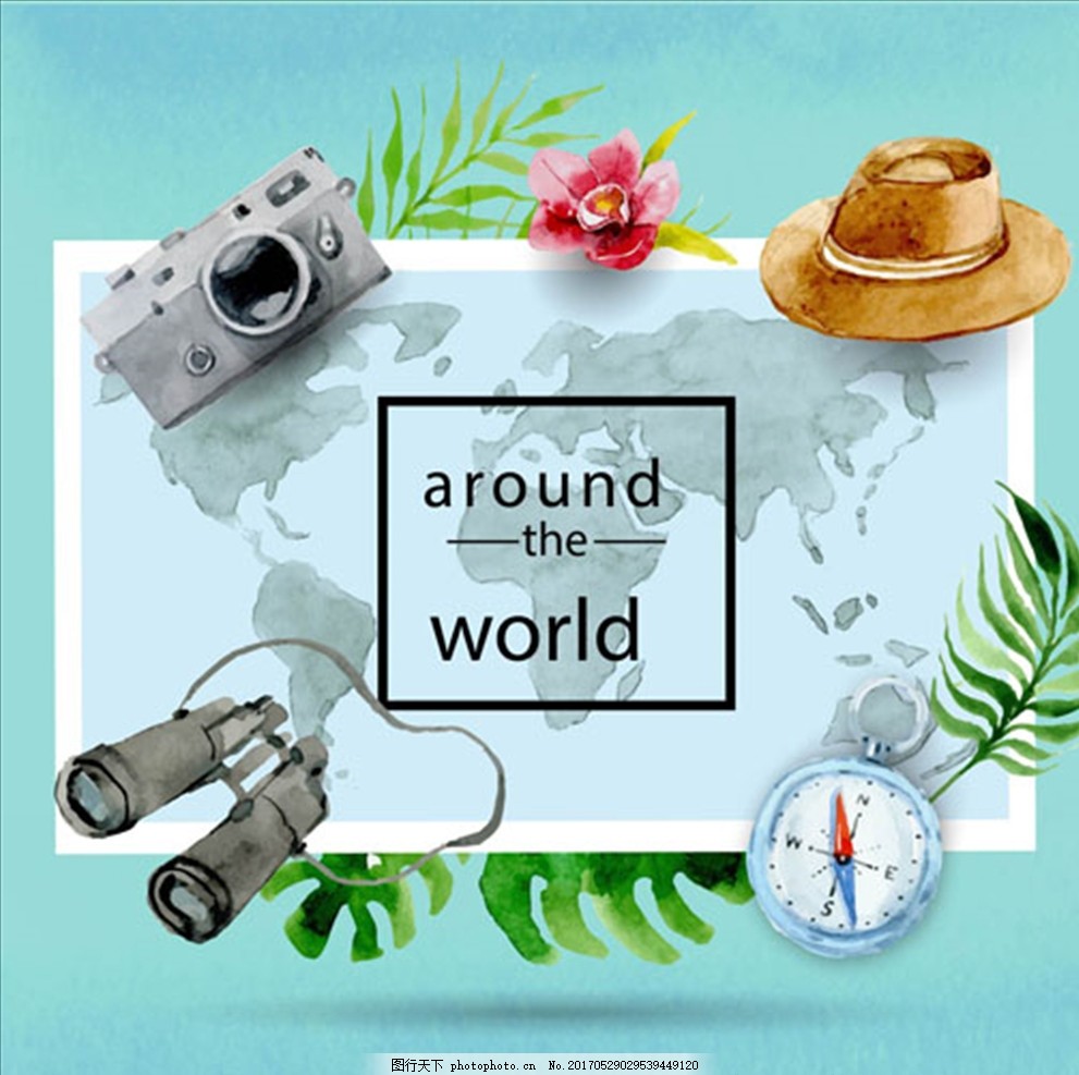 水彩旅游元素地形图,夏天 鱼 海螺 鲨鱼 海豚 鲸