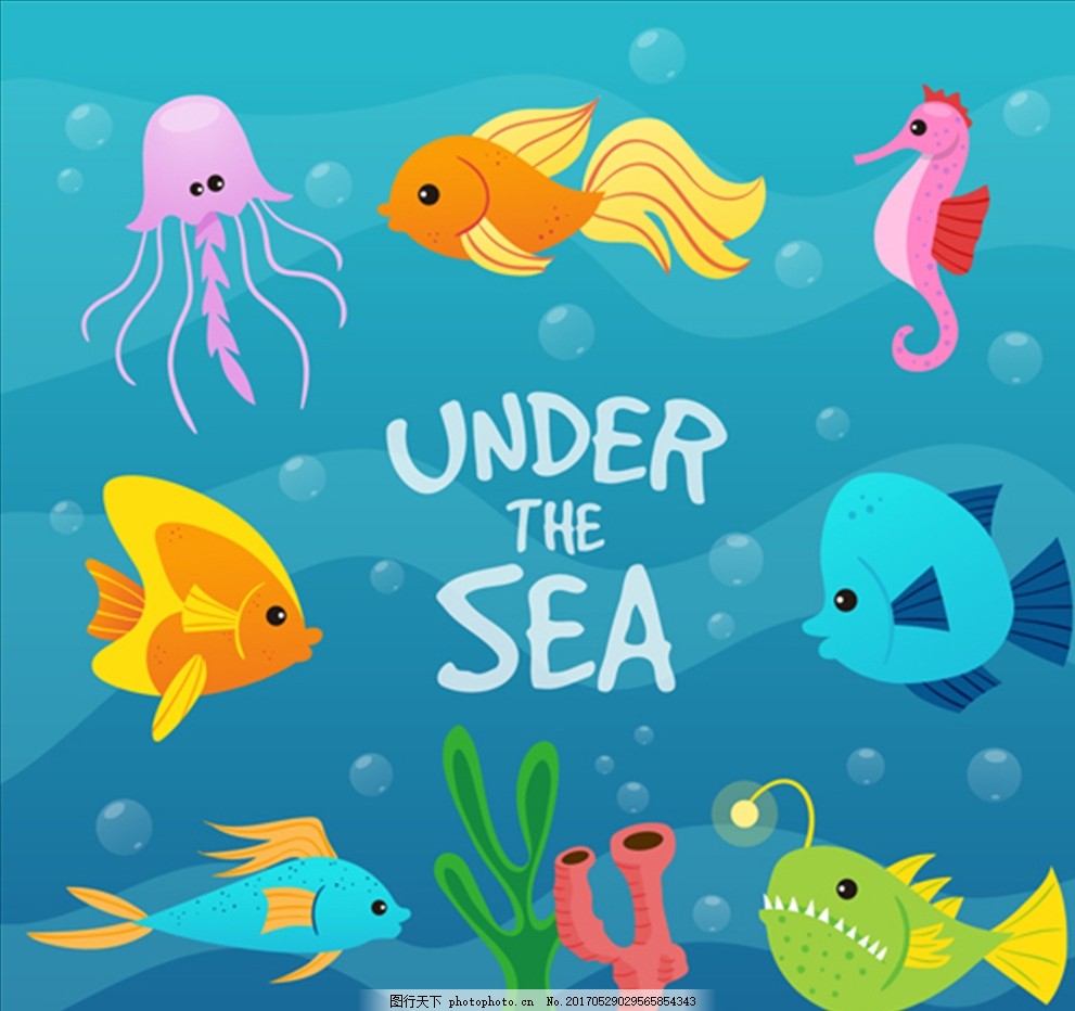卡通夏季热带鱼插图,夏天 海螺 鲨鱼 海豚 鲸鱼
