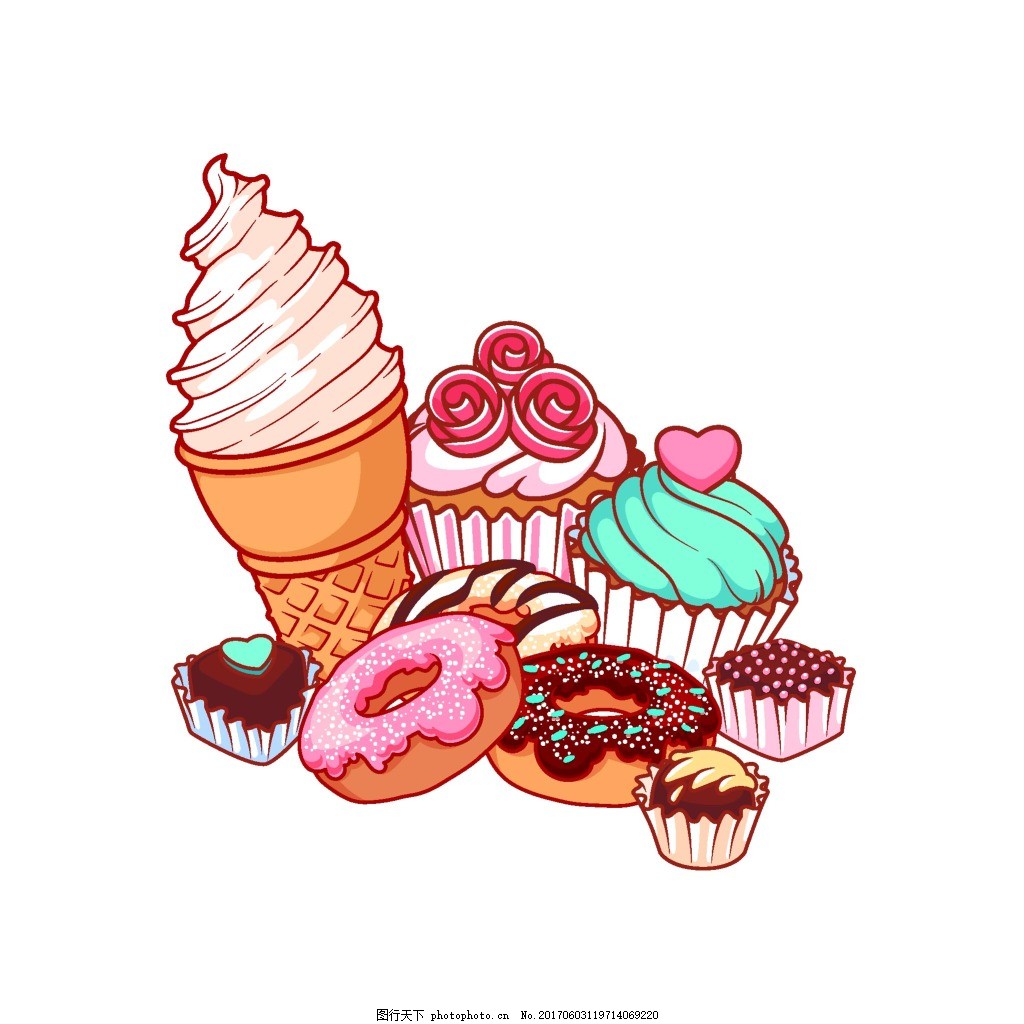 手绘甜甜圈蛋糕元素,卡通 美食 冰淇淋-图行天