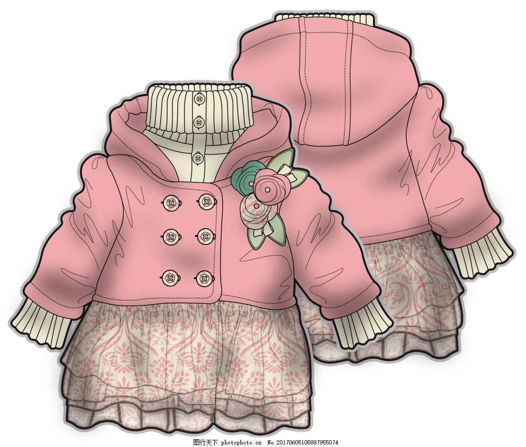 粉色长袖小女生服装设计彩色矢量原稿 高领 儿童服装设计 可爱 手绘