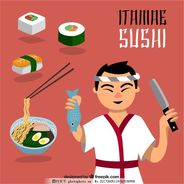 itamae寿司,鱼 日本 厨师 大米 东方 汤 亚洲-图