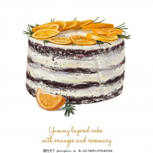 美味的夹心蛋糕配橙子和迷迭香,婚礼 水彩 食物