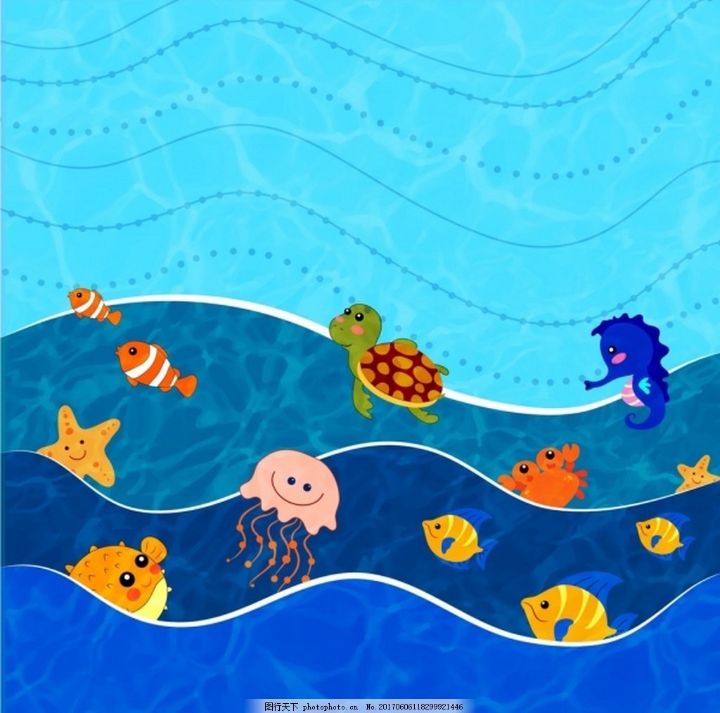底纹背景 蓝色 海洋 可爱 生物 背景图 乌龟 贝壳 鱼类 海马 卡通