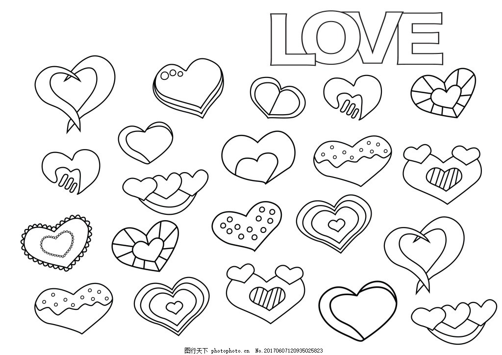 线条 手绘 风格 love 爱心 爱情 手账 可爱 卡通 矢量 装饰 图案 纹理