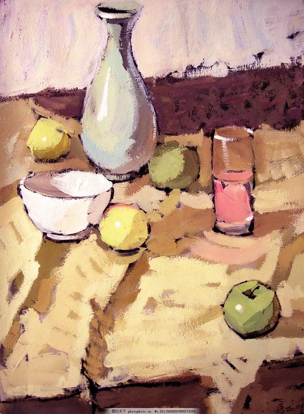 黄衬布水粉静物装饰画 色彩 绘画 美术 背景 苹果 玻璃杯