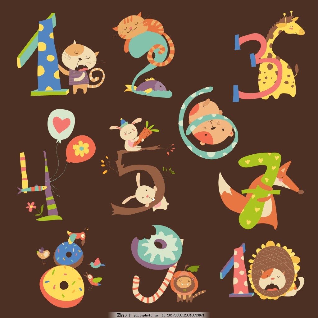 Cute numbers with baby giraffe cartoon illustrations set. School math ...