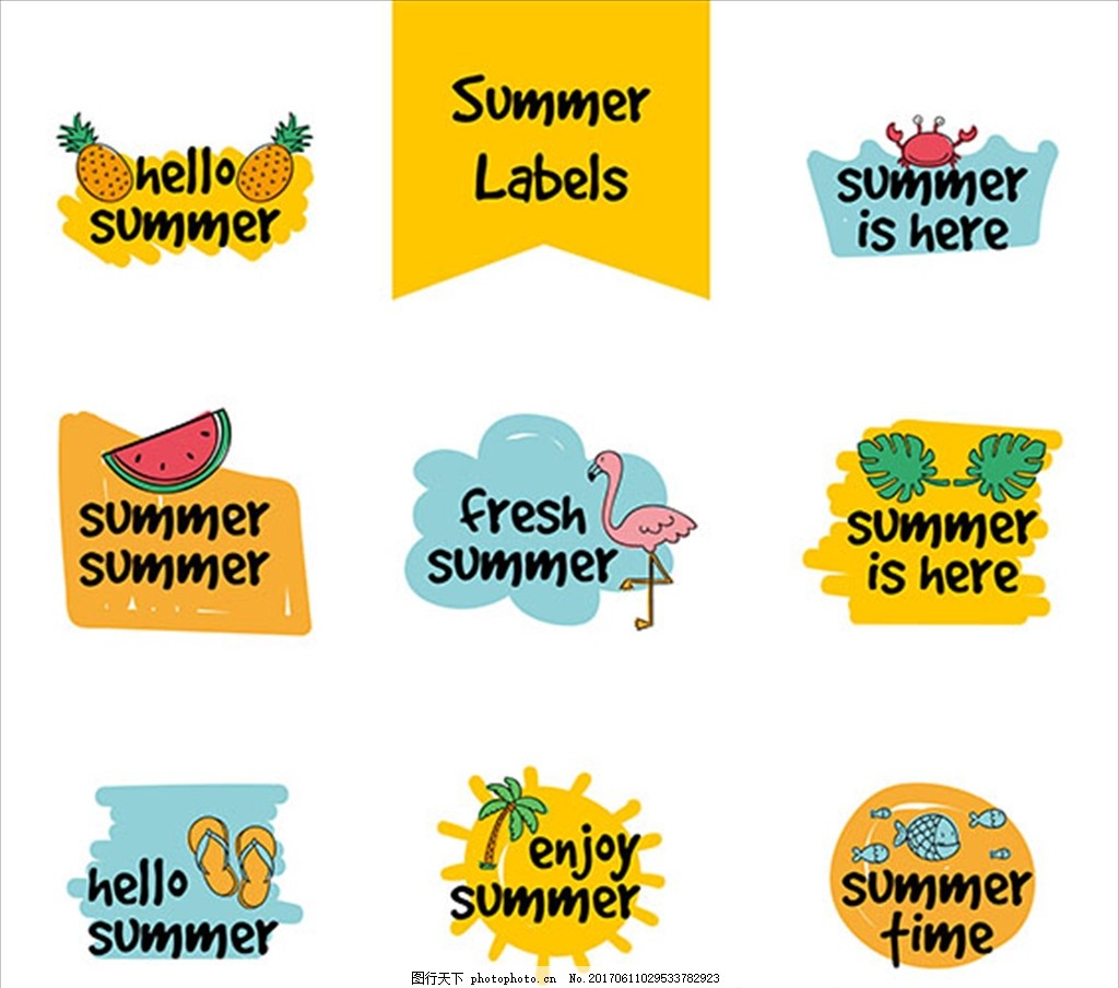 手绘夏天贴纸集合,鱼 海螺 鲨鱼 海豚 鲸鱼 珊瑚-图行天下图库