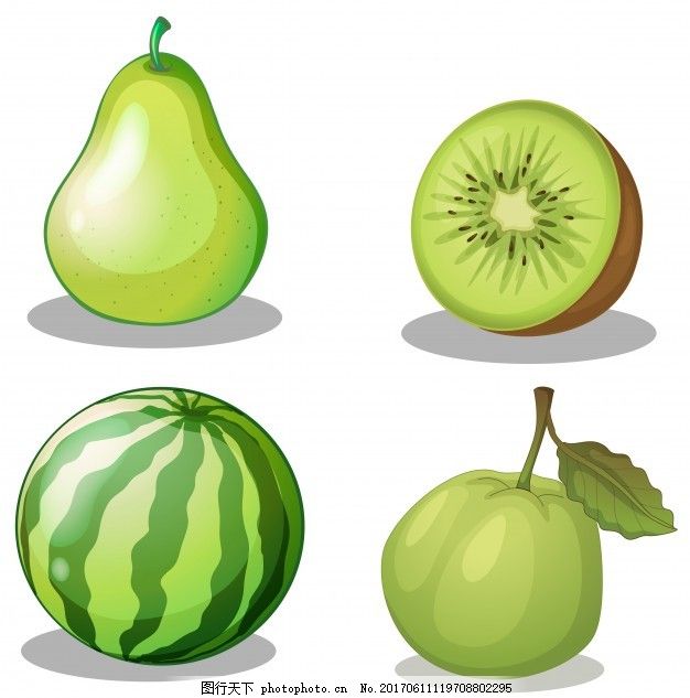 绿色插图中的新鲜水果,自然 艺术 绘画 甜 饮食
