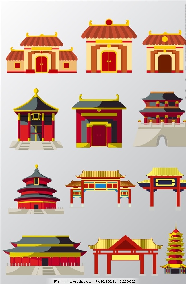 素材 手绘 卡通 手绘古建筑 古建筑大全 中国传统建筑 矢量 房子 古代