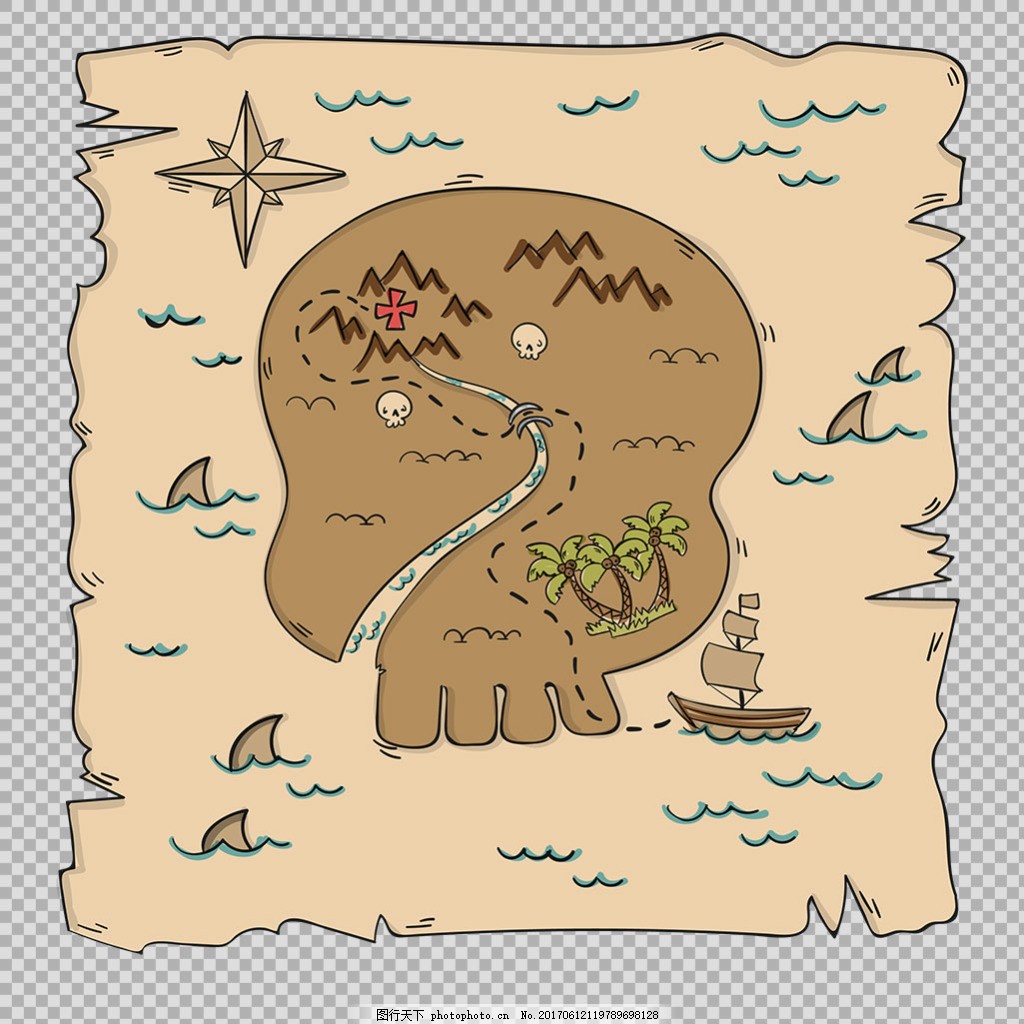 手绘海盗宝藏图免抠png透明图层素材图片