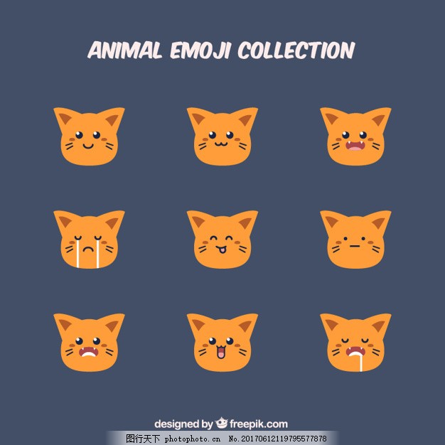 表情符号集的橙色猫,动物 猫脸 可爱的 橙色的 