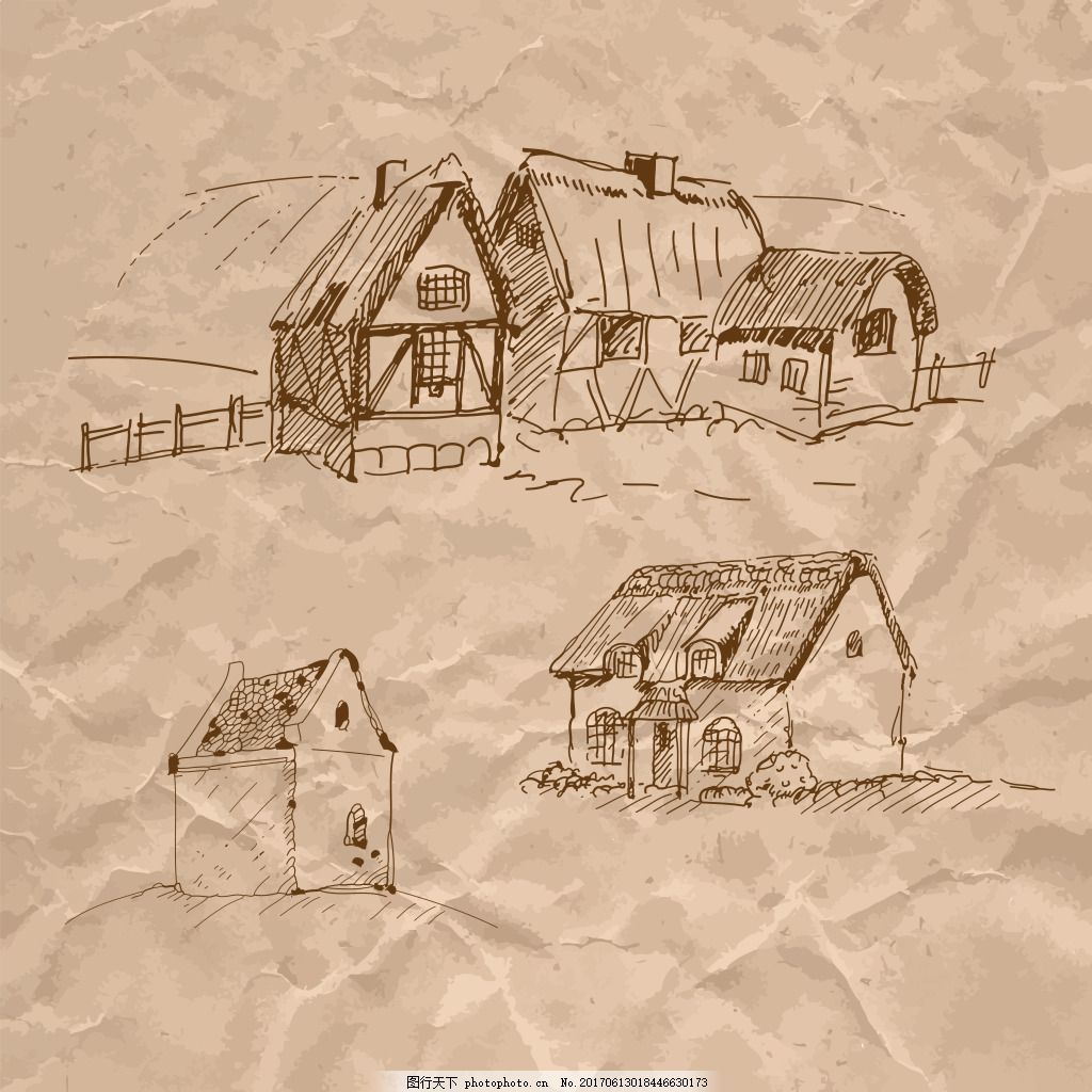 手绘房子建筑 牛皮纸 速写 素描 草房
