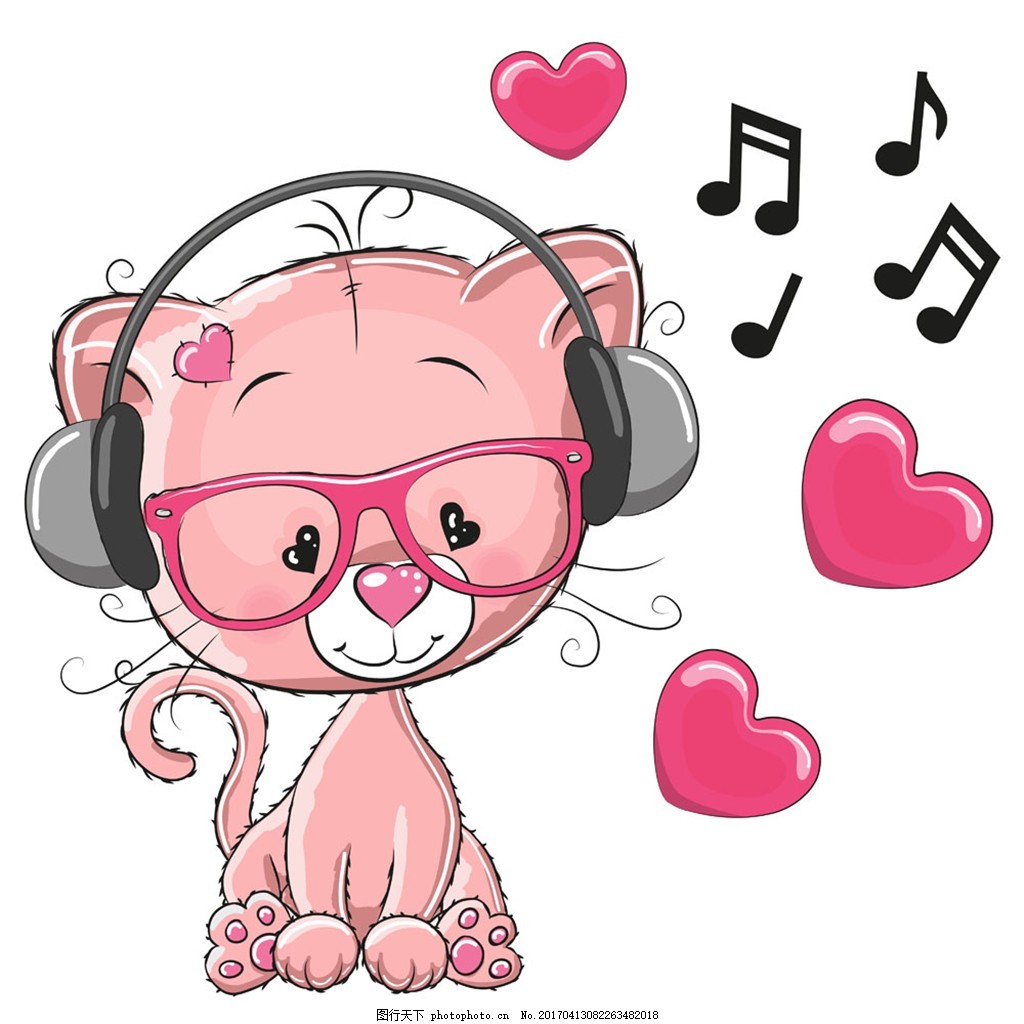 可爱卡通音乐猫咪矢量插画 Cartoon Character Cute Cat Listening to Music – 设计小咖