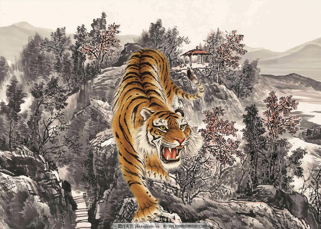 猛虎下山 万物调节丨Flux 猛虎下山_国风水墨猛虎下山-LoRA-Pure_Black-Shakker