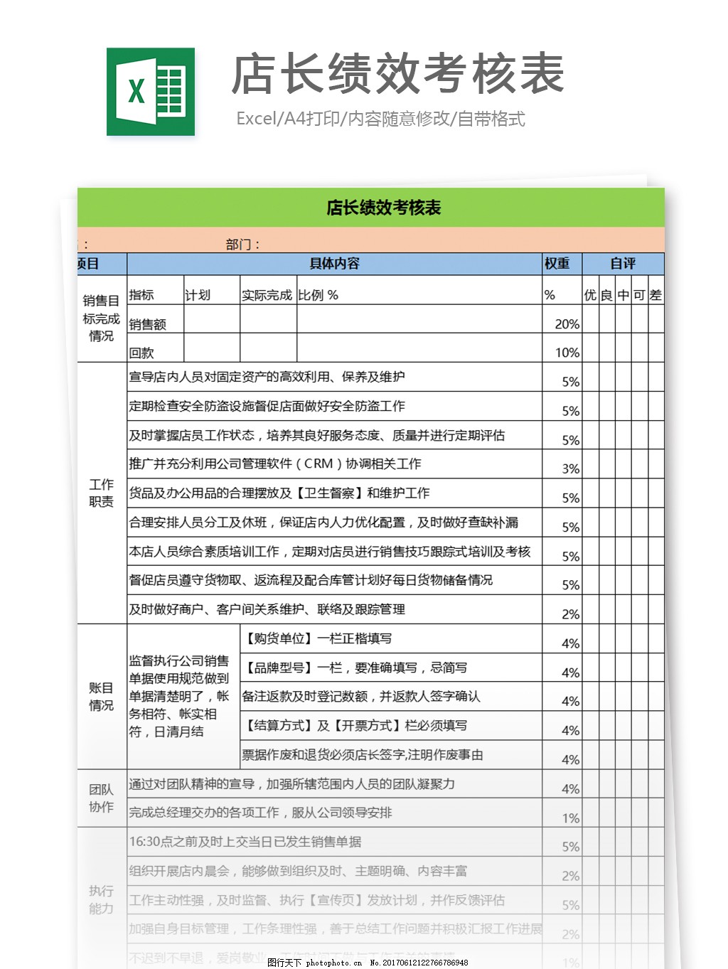 店长绩效考核表excel模板